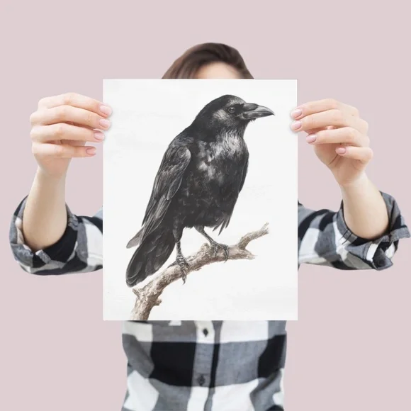 Watercolor Black Crow Wall Art Print Unframed - Black Bird Illustration Artwork - Picture 4 of 6